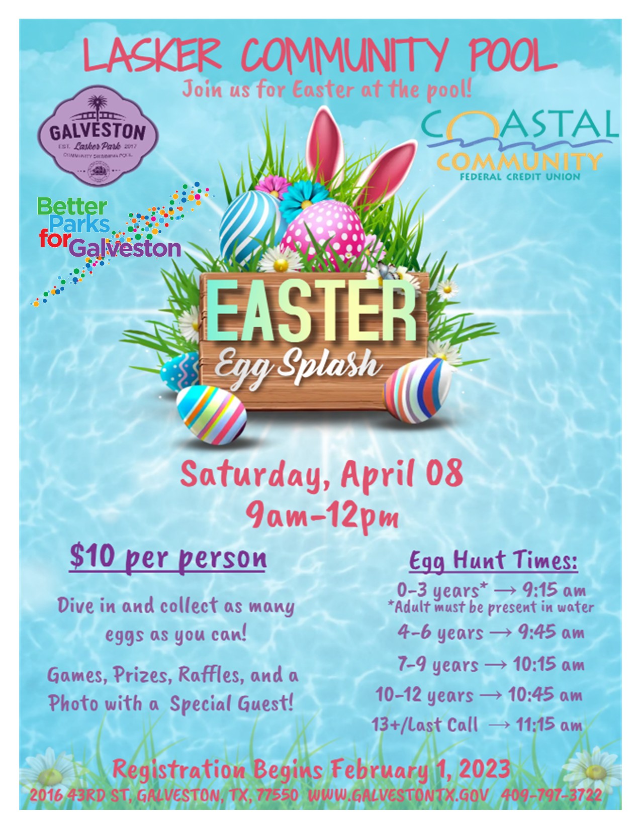 Easter Egg Splash - Saturday, April 8 9am-12pm | Lasker Commmunity Pool - Join us for Easter at the pool! | $10 per person | Registration begins February 1, 2023