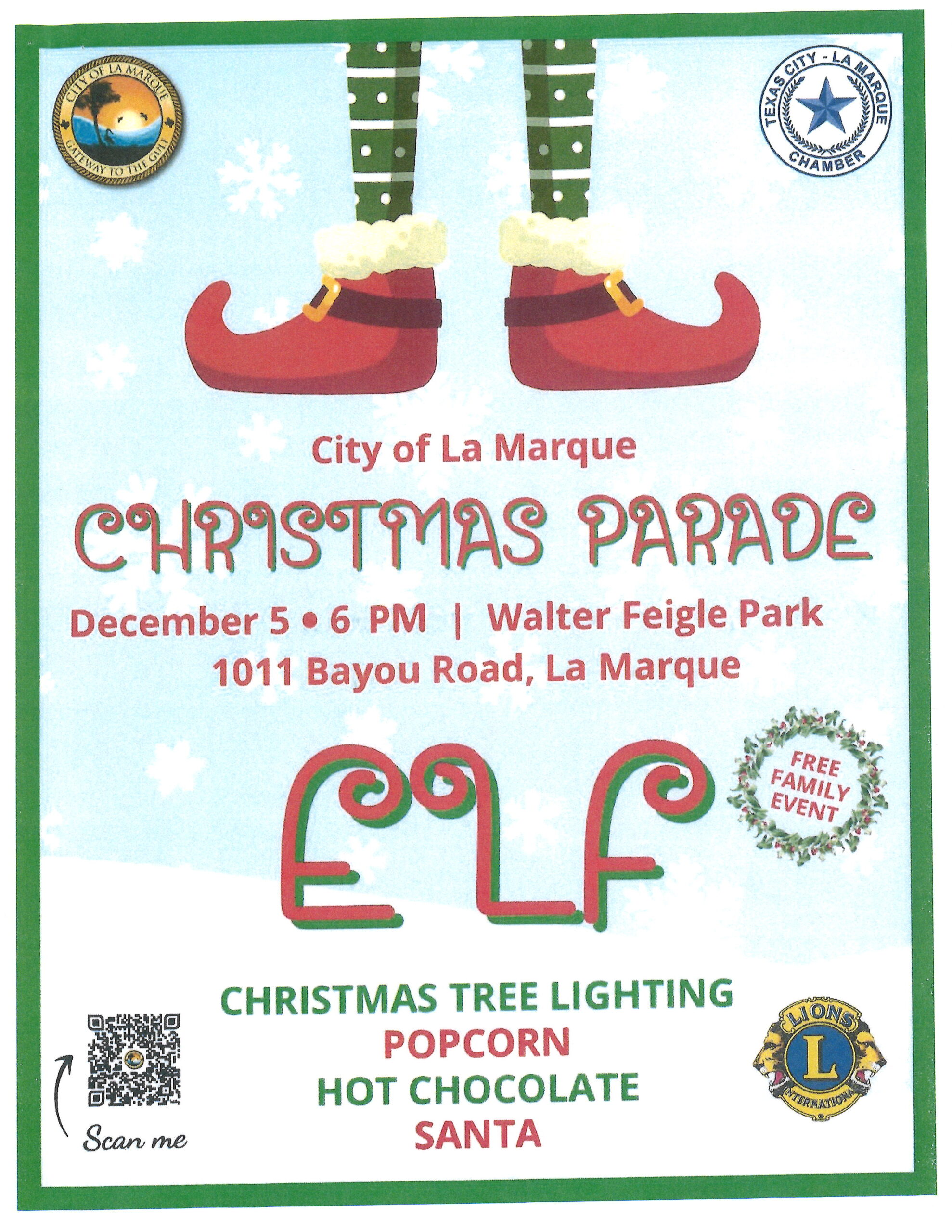 City of La Marque Christmas Parade December 5-6 PM | Walter Feigle Park | 1011 Bayou Road, La Marque ELF Christmas Tree Lighting Popcorn Hot Chocolate Santa
